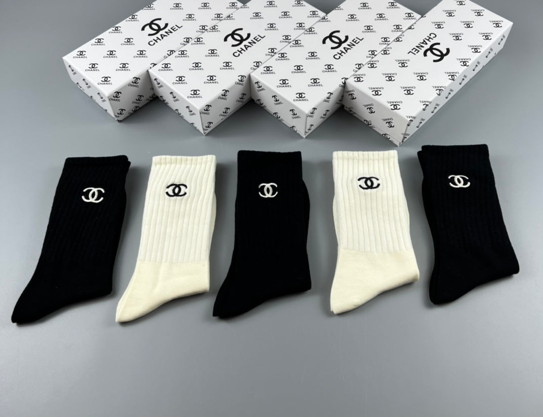 Chanel black cream ribbed emblem crew socks - view 6