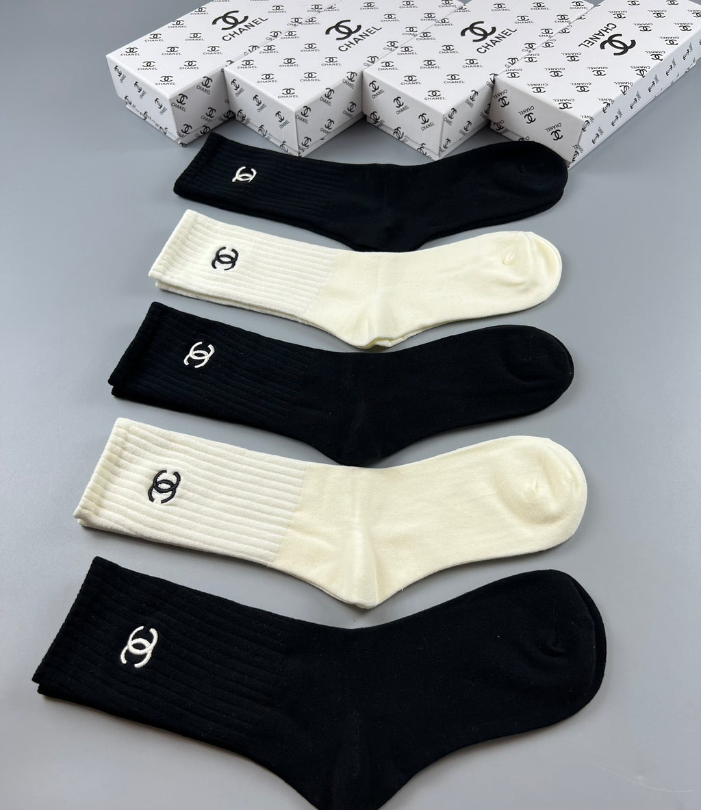 Chanel black cream ribbed emblem crew socks - view 9