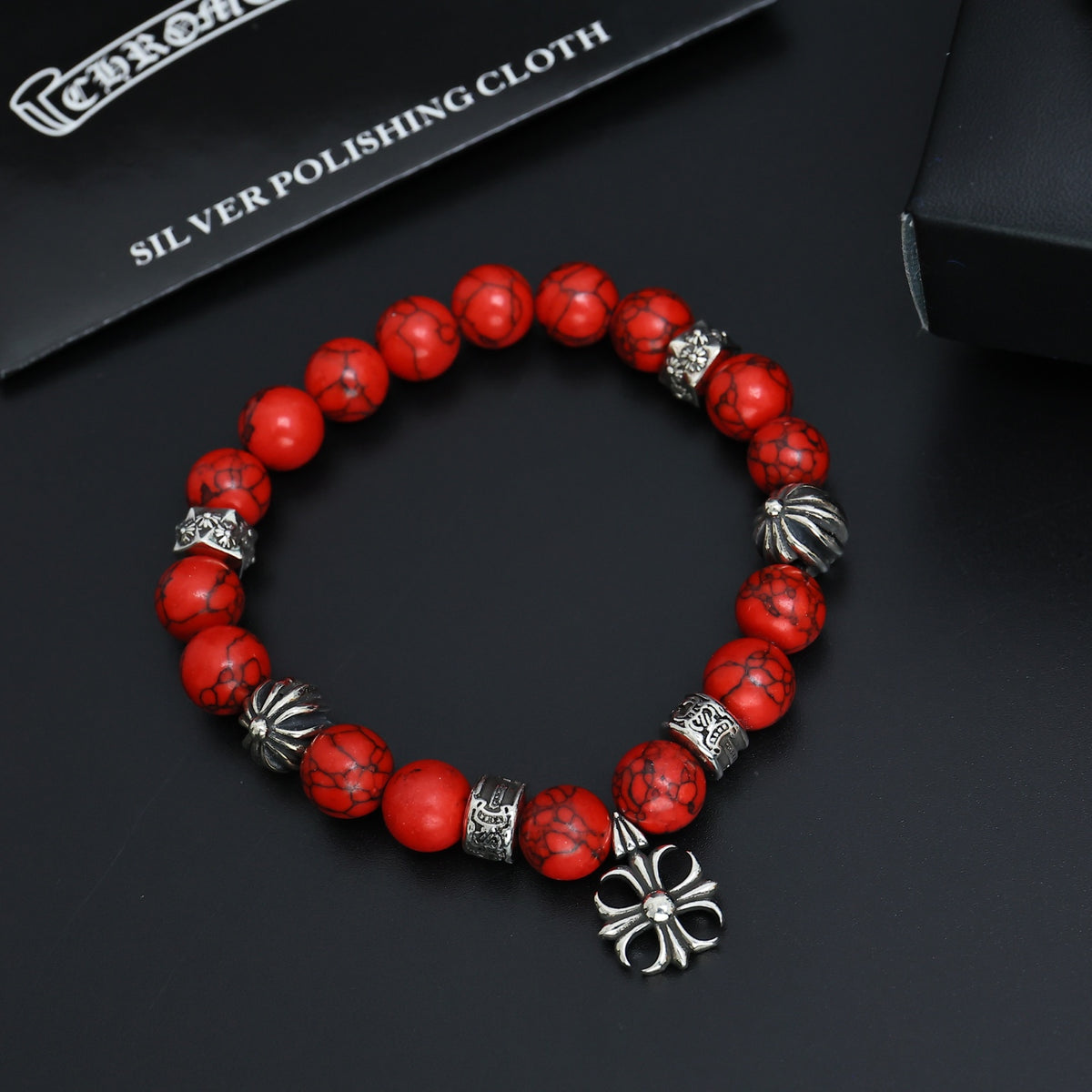 Chrome Hearts Red and Brown Bead Cross Bracelet - album image 4