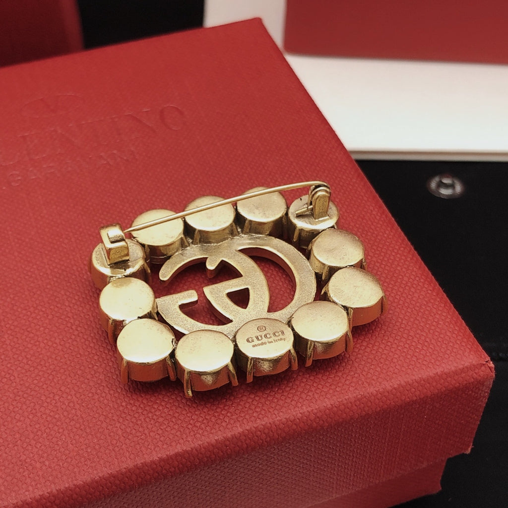Gucci Gold-Tone Double G Red Crystal Brooch - album image 5
