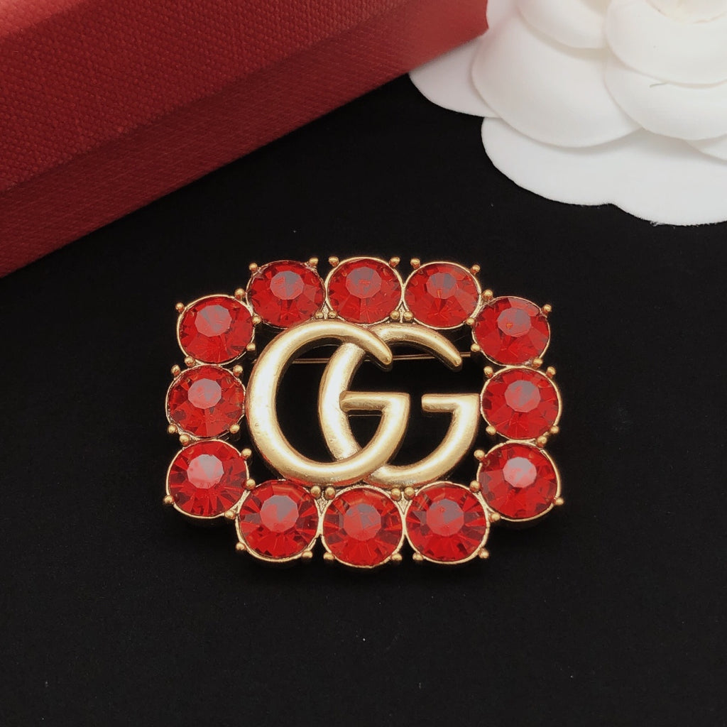 Gucci Gold-Tone Double G Red Crystal Brooch - album image 6