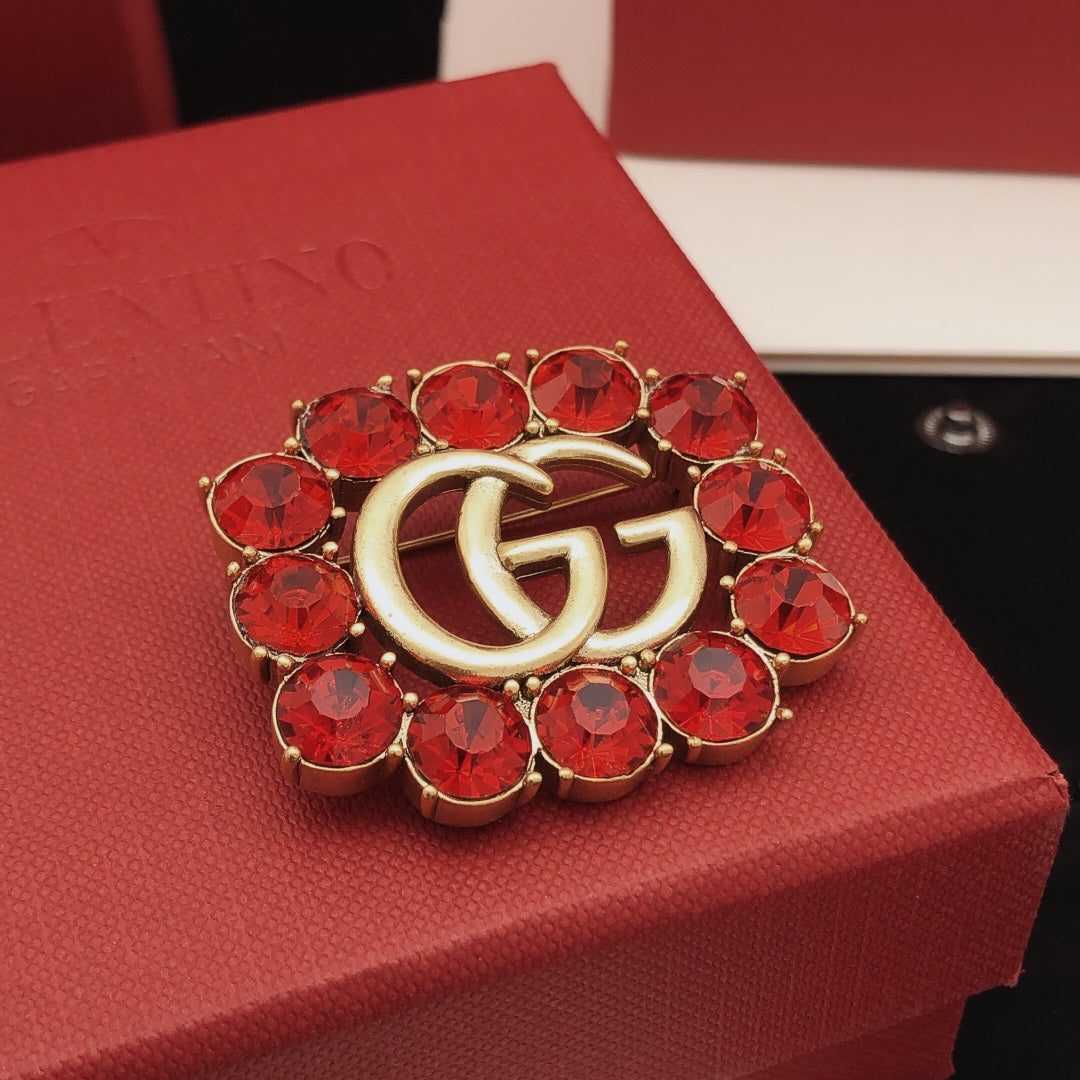 Gucci Gold-Tone Double G Red Crystal Brooch - album image 4