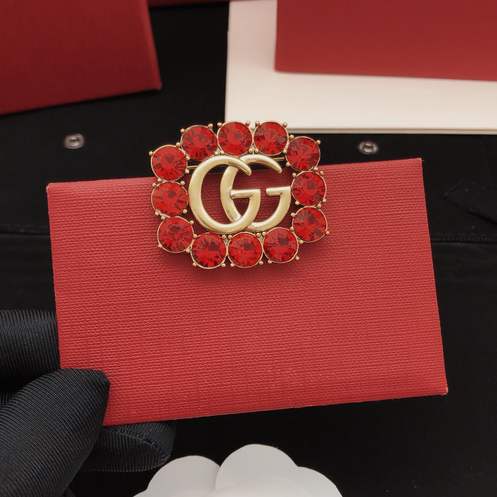 Gucci Gold-Tone Double G Red Crystal Brooch - album image 2