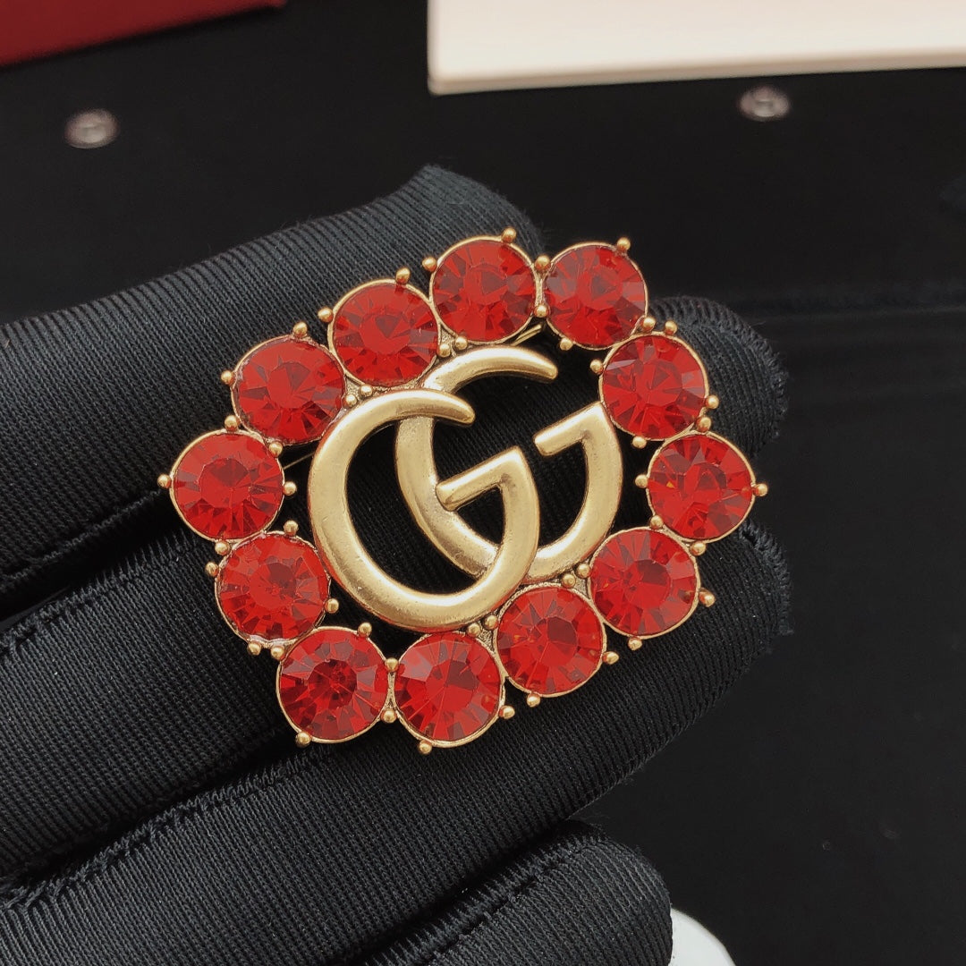 Gucci Gold-Tone Double G Red Crystal Brooch - album image 3