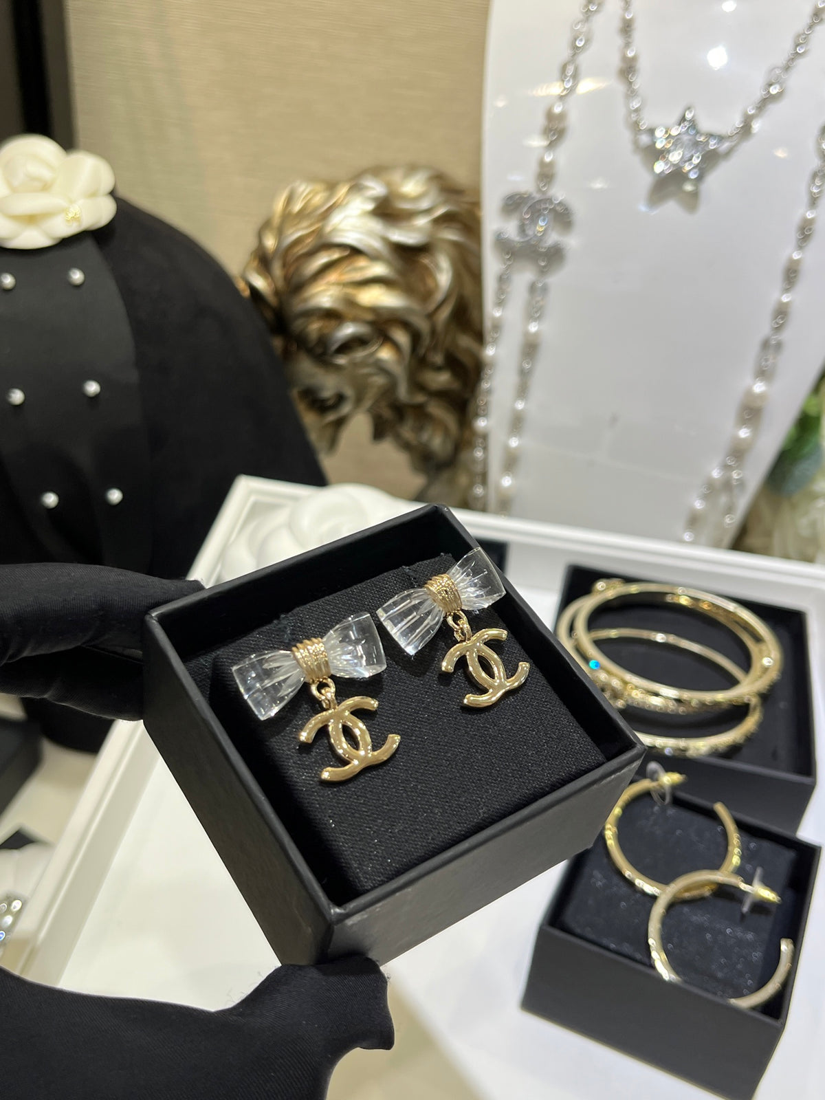 Chanel Interlocking C Bow Resin Butterfly Gold-Tone Earrings - album image 2