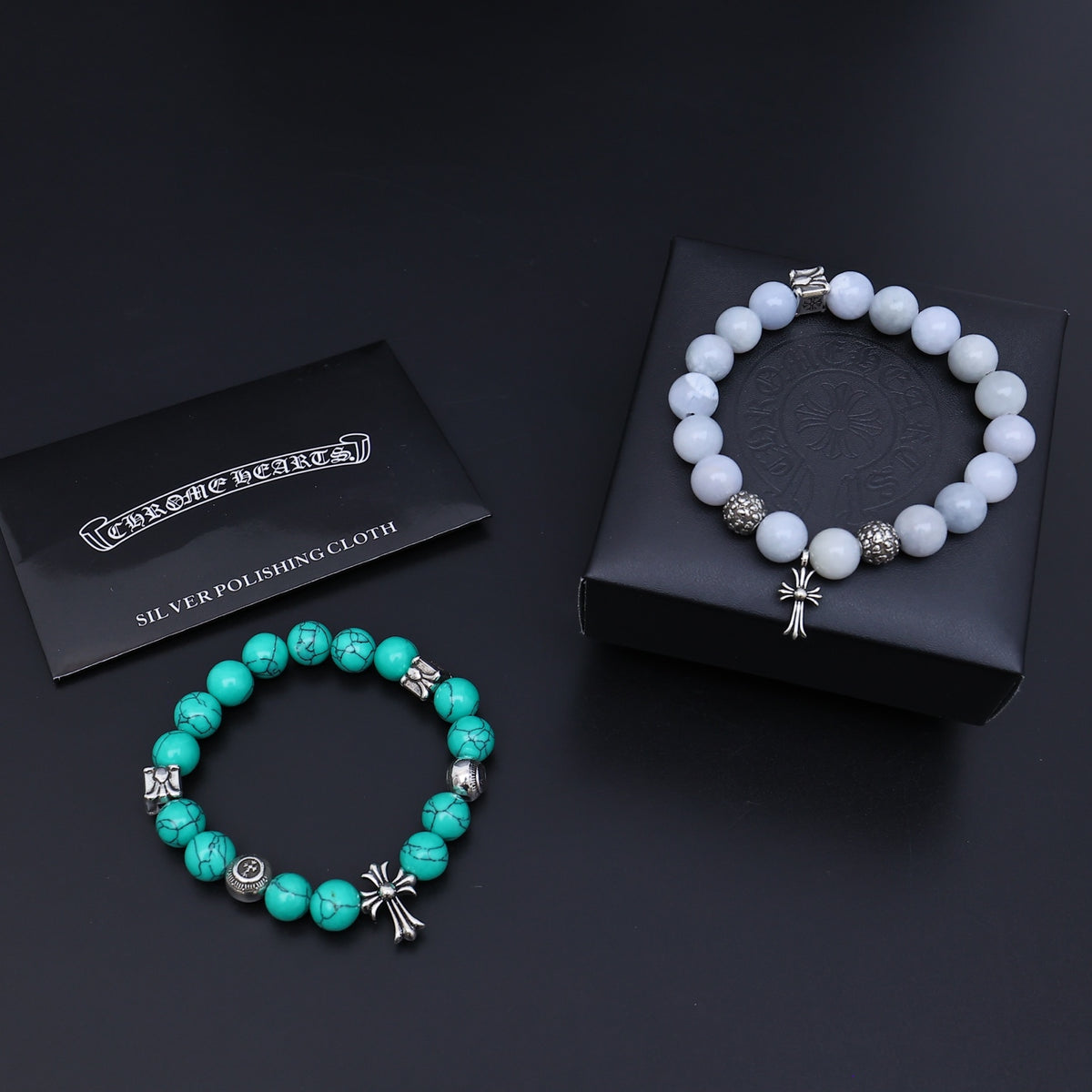 Chrome Hearts Turquoise and White Bead Cross Bracelet - album image 1