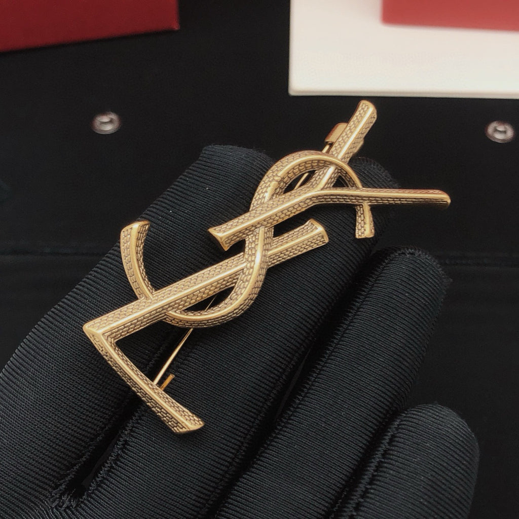 Saint Laurent Gold-Tone Scale-Textured Monogram Brooch - album image 3