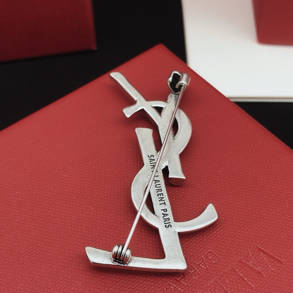 Saint Laurent Silver-Tone Scale-Textured Monogram Brooch - album image 8