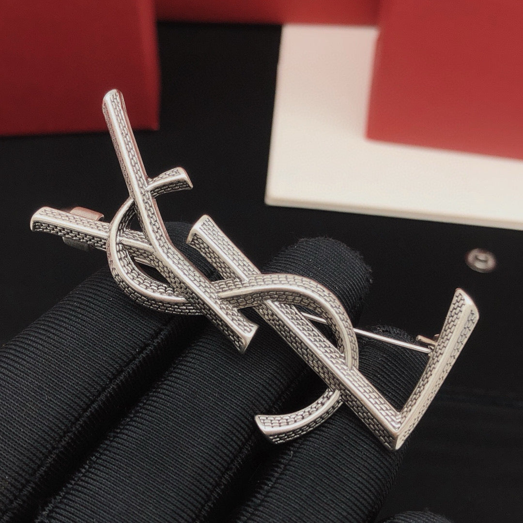 Saint Laurent Silver-Tone Scale-Textured Monogram Brooch - album image 4
