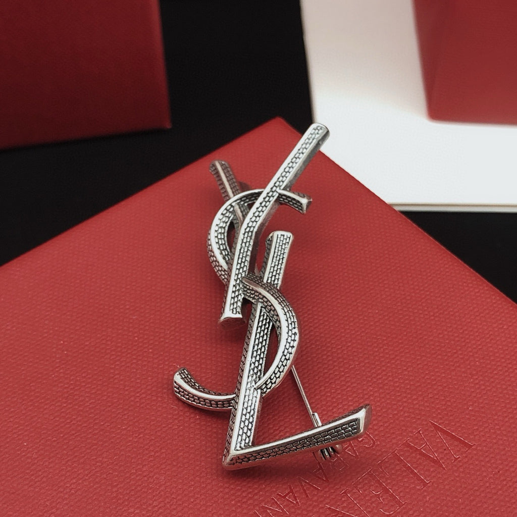 Saint Laurent Silver-Tone Scale-Textured Monogram Brooch - album image 7