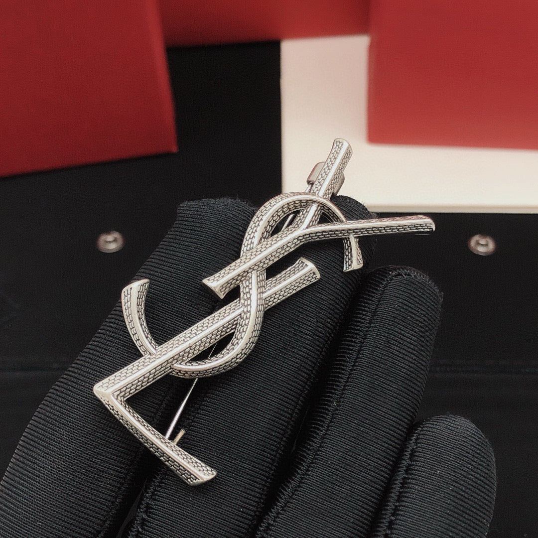 Saint Laurent Silver-Tone Scale-Textured Monogram Brooch - album image 3