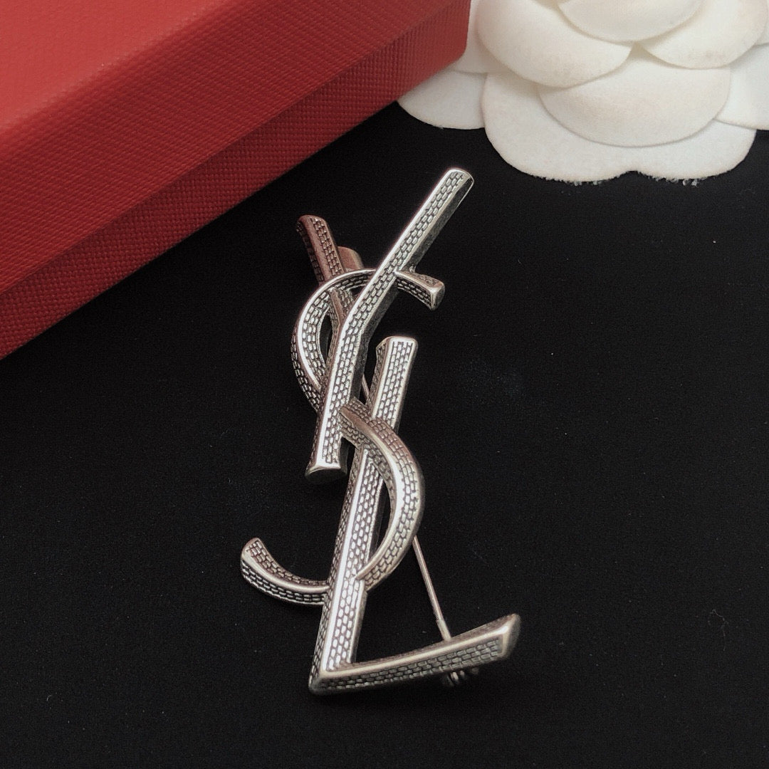 Saint Laurent Silver-Tone Scale-Textured Monogram Brooch - album image 2
