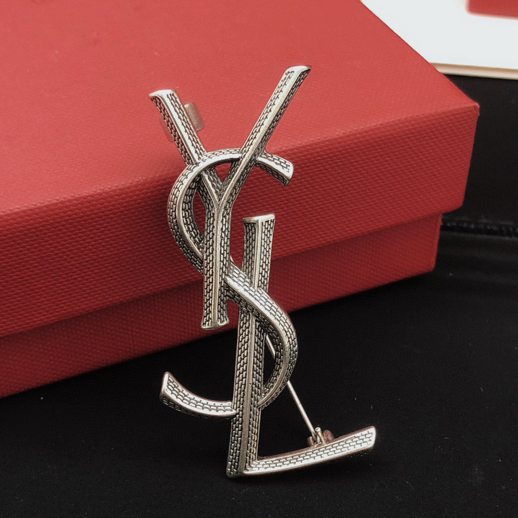 Saint Laurent Silver-Tone Scale-Textured Monogram Brooch - album image 5