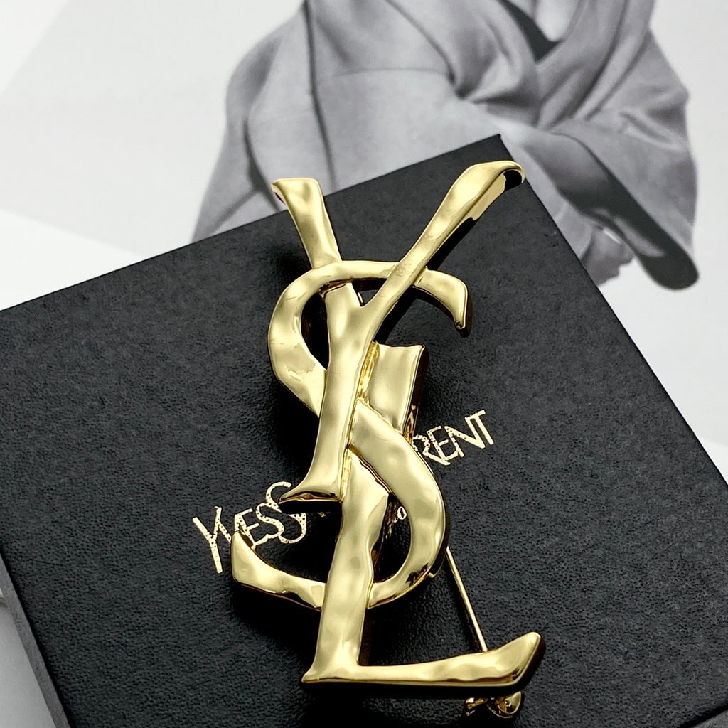 Saint Laurent Gold-Tone Sculptural Textured Monogram Brooch - album image 5