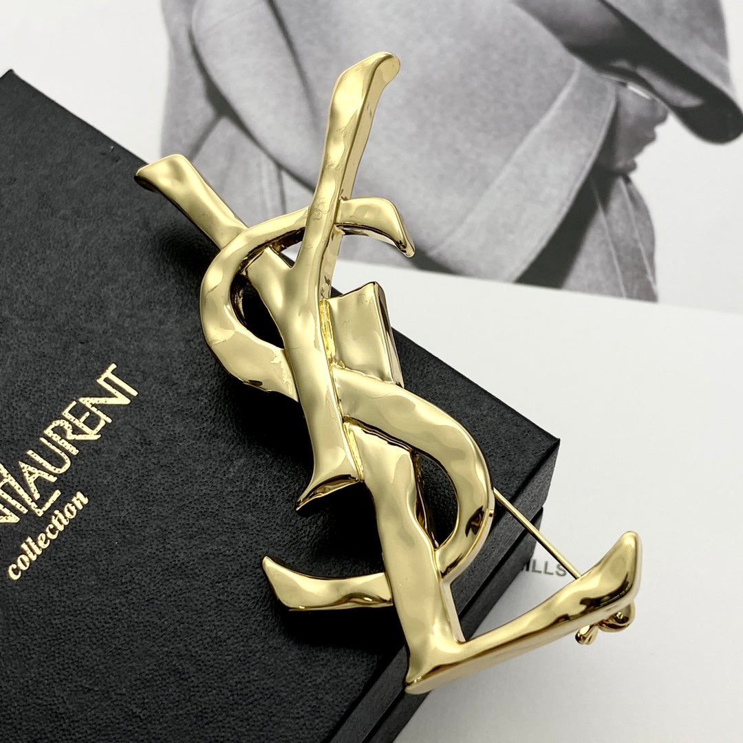 Saint Laurent Gold-Tone Sculptural Textured Monogram Brooch - album image 7