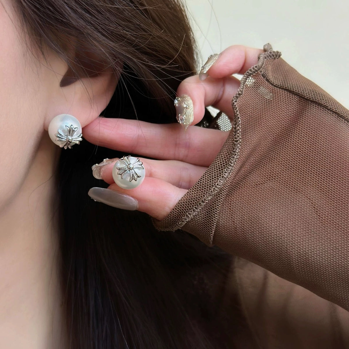 Chrome Hearts Pearl-Style Cross Stud Earrings - album image 3