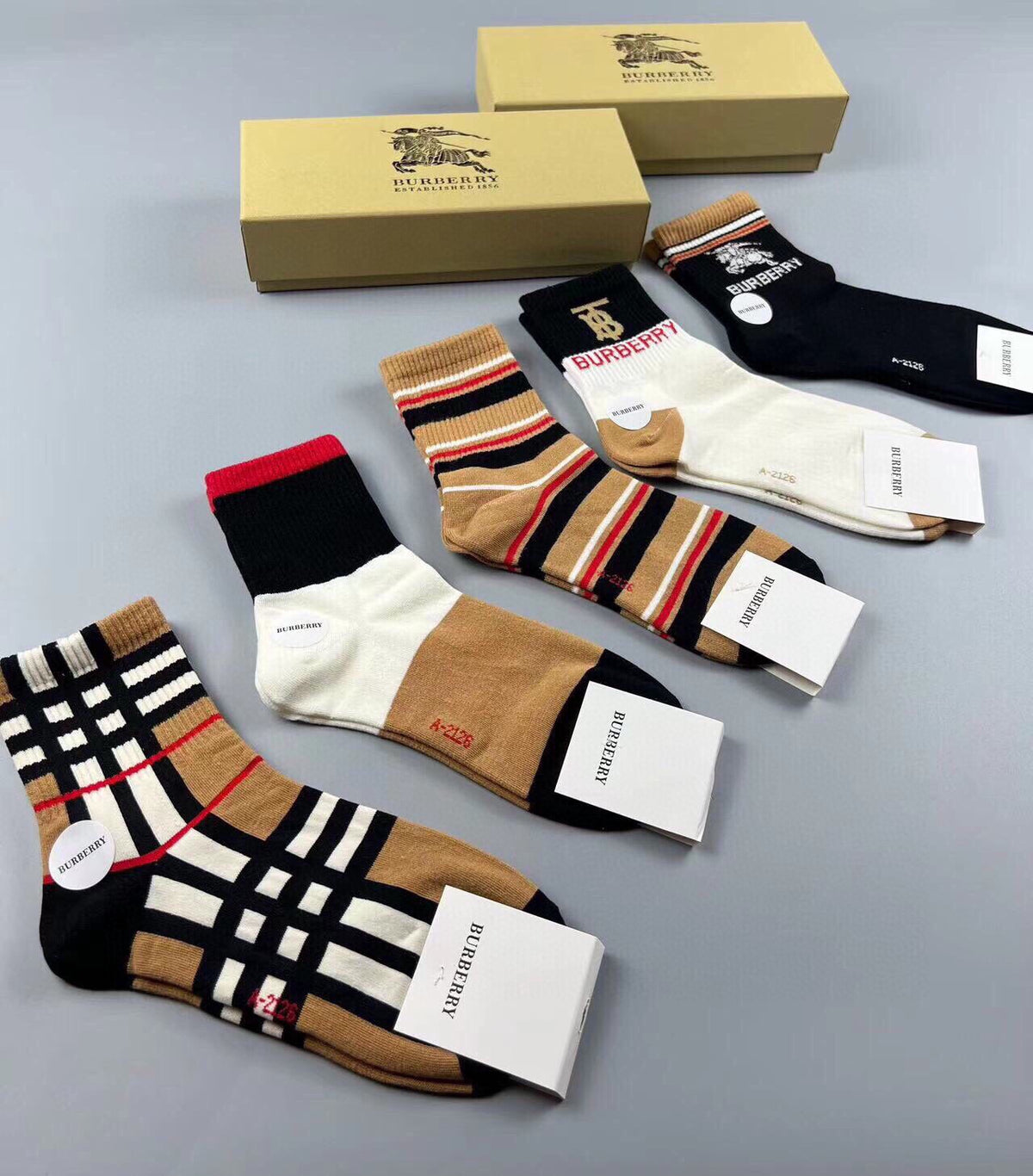 Burberry mixed check stripe five pair crew socks - view 7