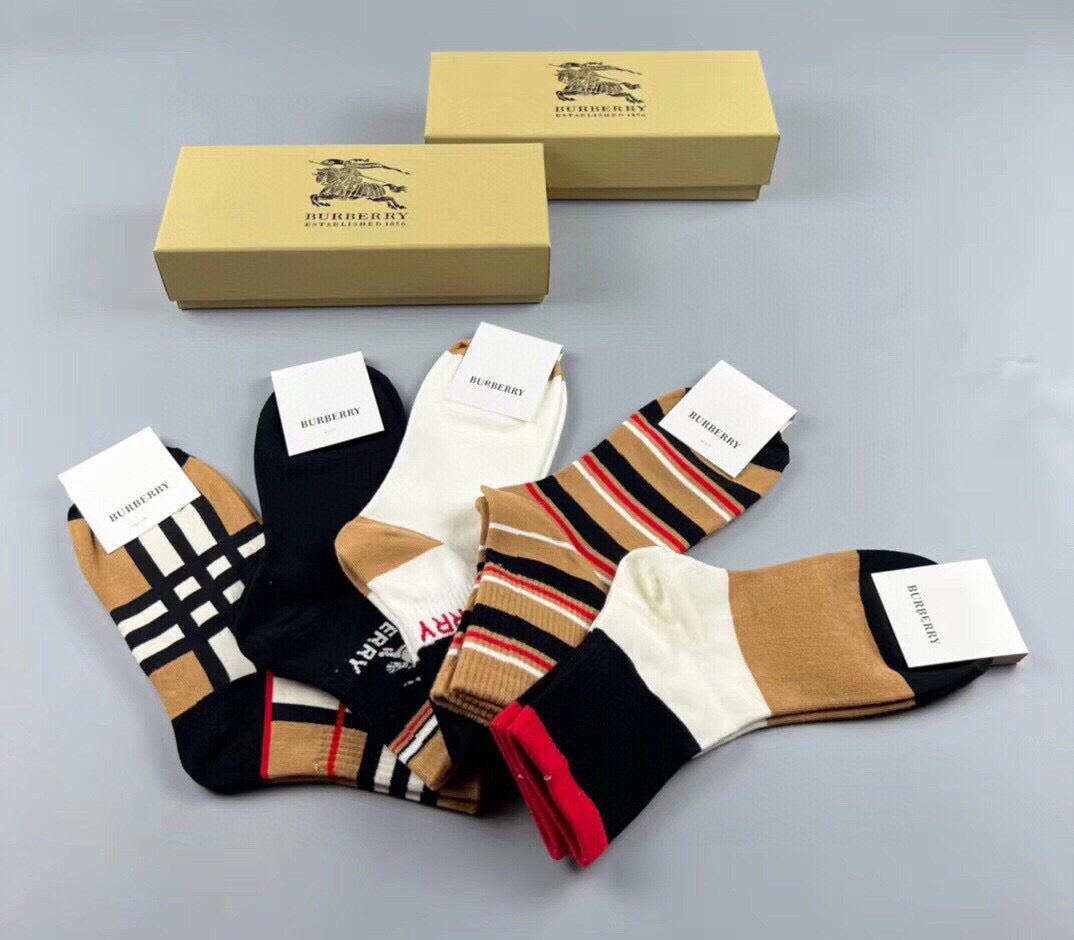 Burberry mixed check stripe five pair crew socks - view 5