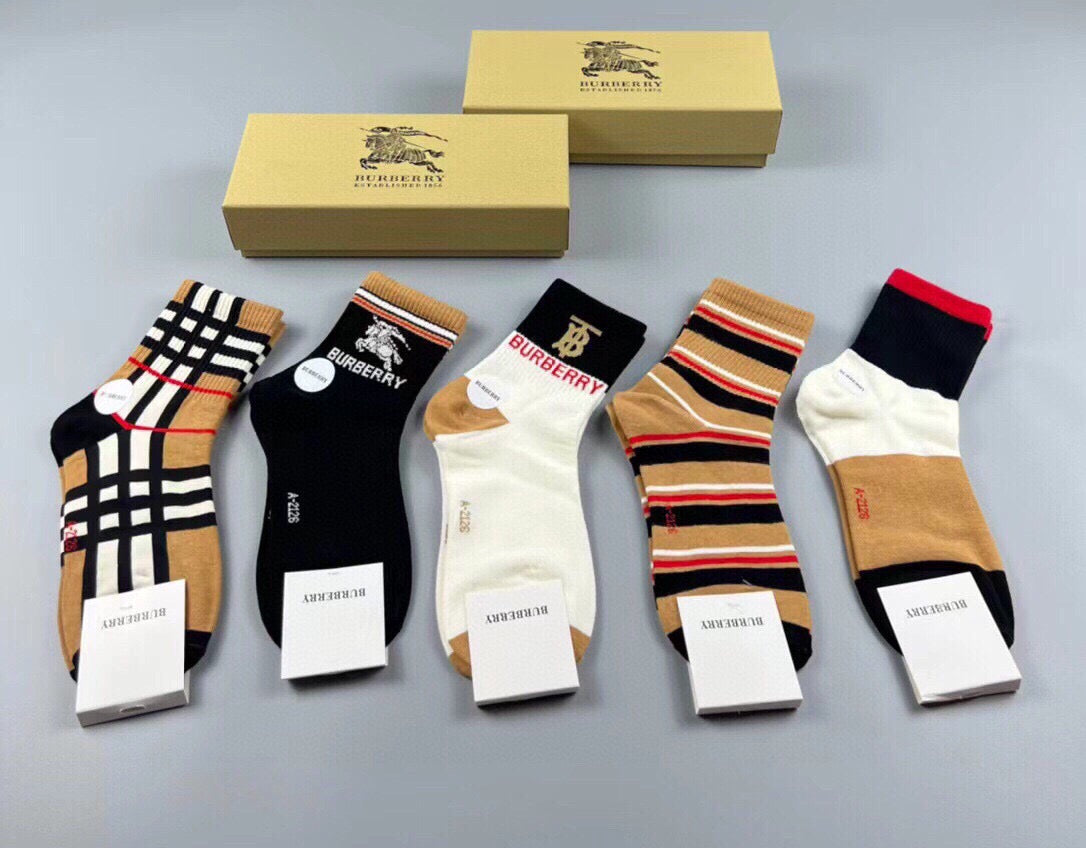 Burberry mixed check stripe five pair crew socks - view 1