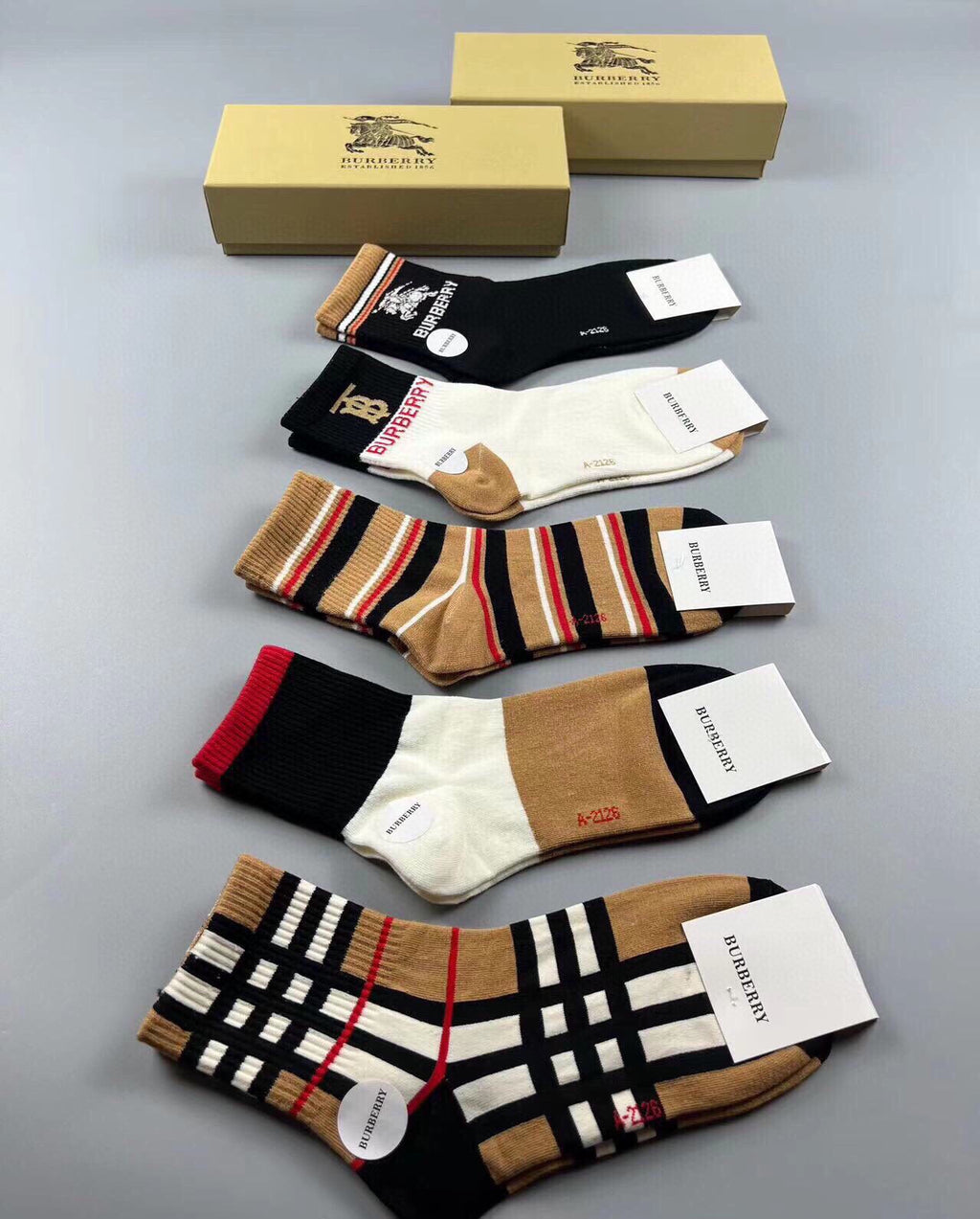 Burberry mixed check stripe five pair crew socks - view 9