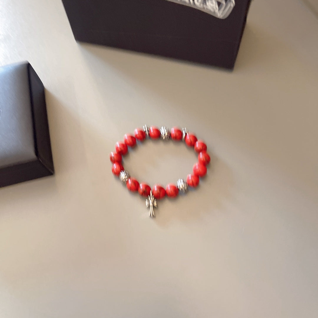Chrome Hearts Red Bead Silver Cross Bracelet - album image 8