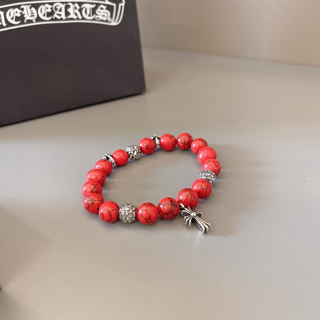 Chrome Hearts Red Bead Silver Cross Bracelet - album image 6