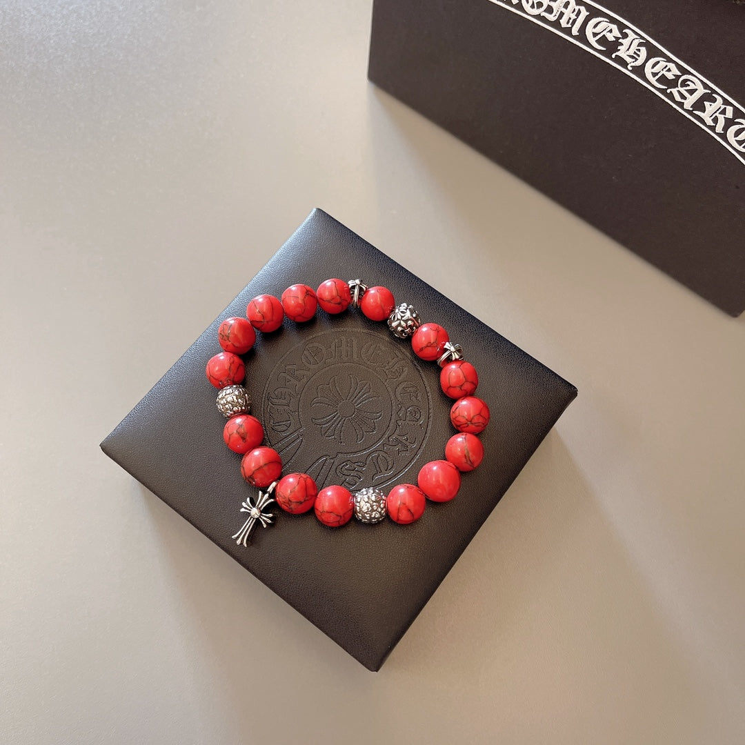 Chrome Hearts Red Bead Silver Cross Bracelet - album image 5