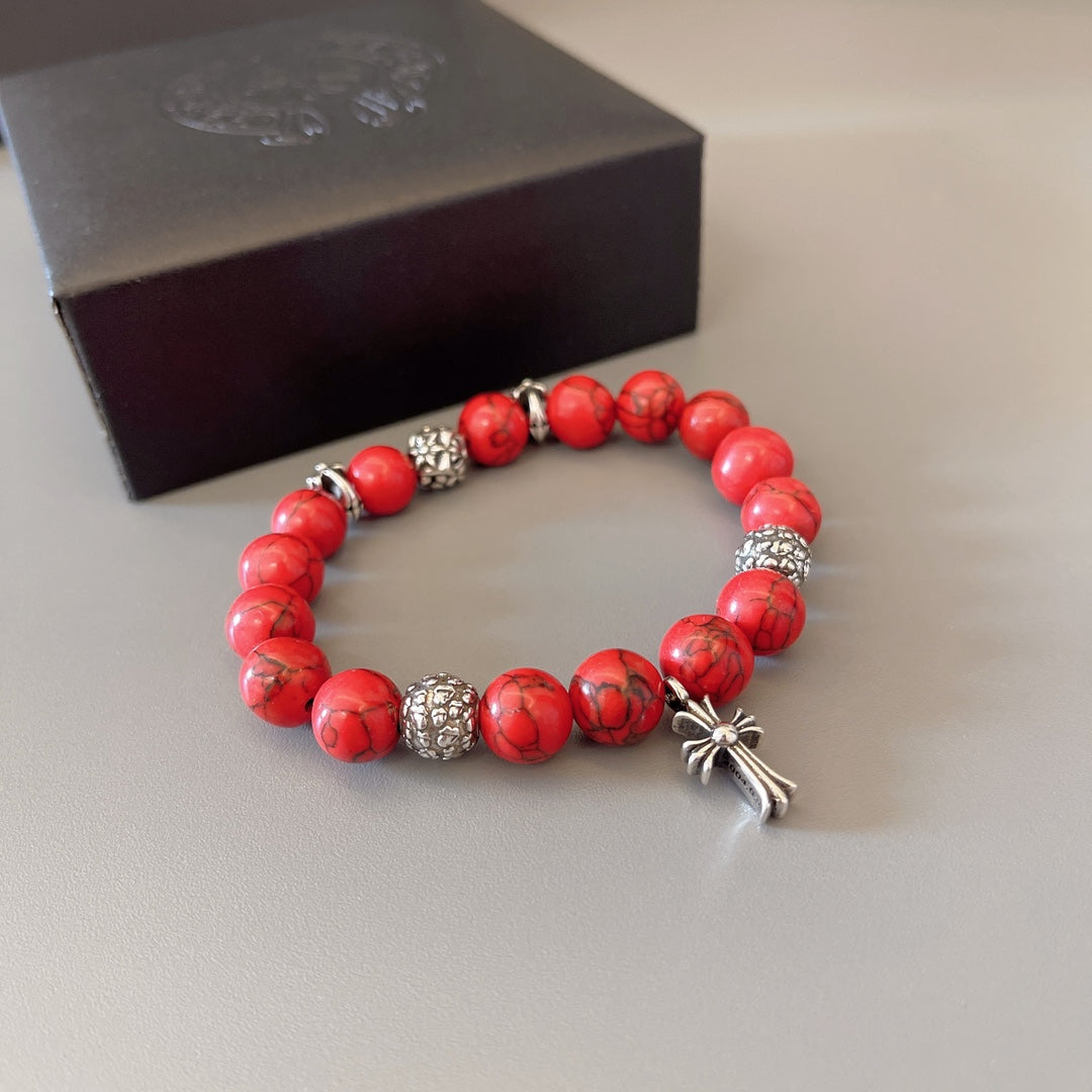 Chrome Hearts Red Bead Silver Cross Bracelet - album image 4