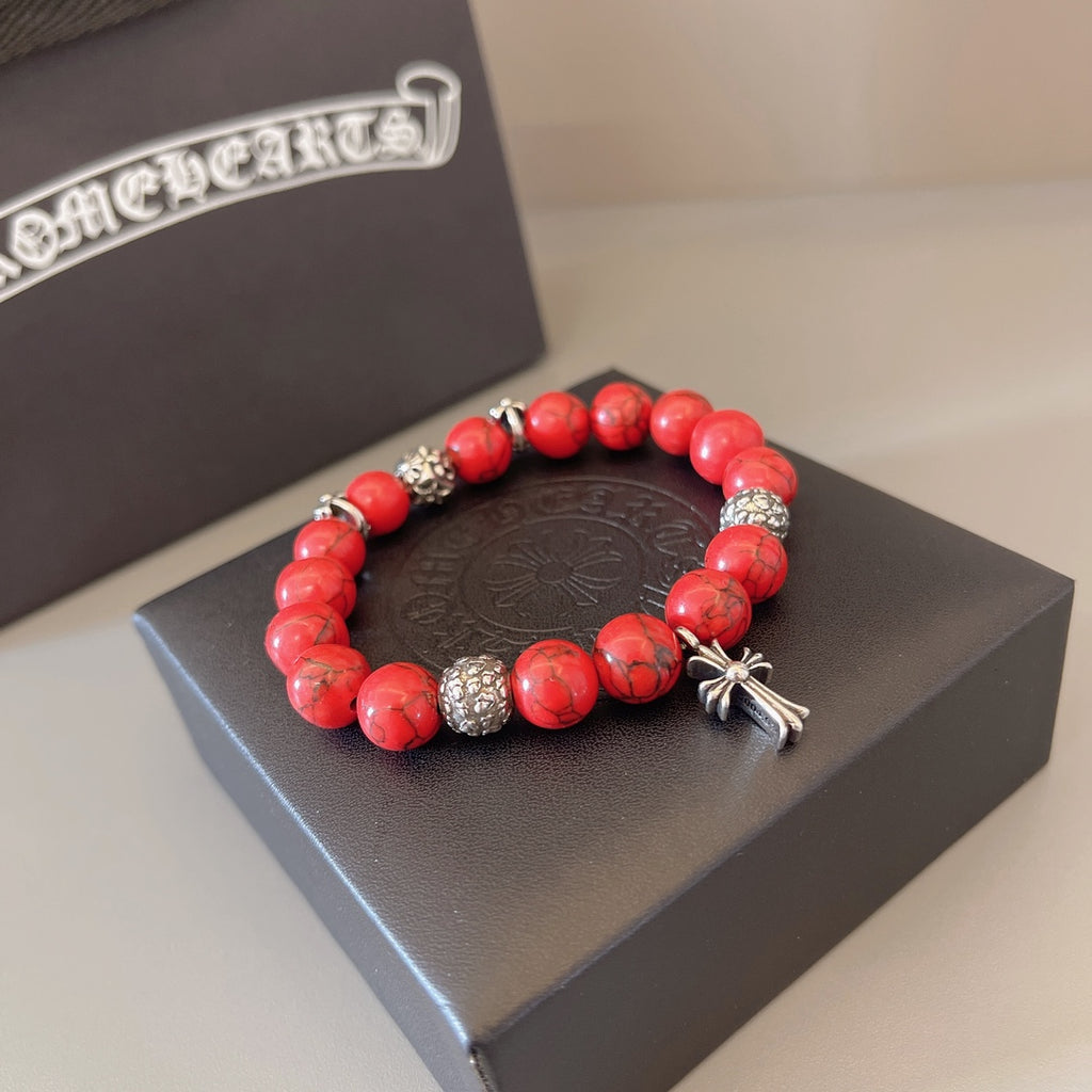 Chrome Hearts Red Bead Silver Cross Bracelet - album image 3