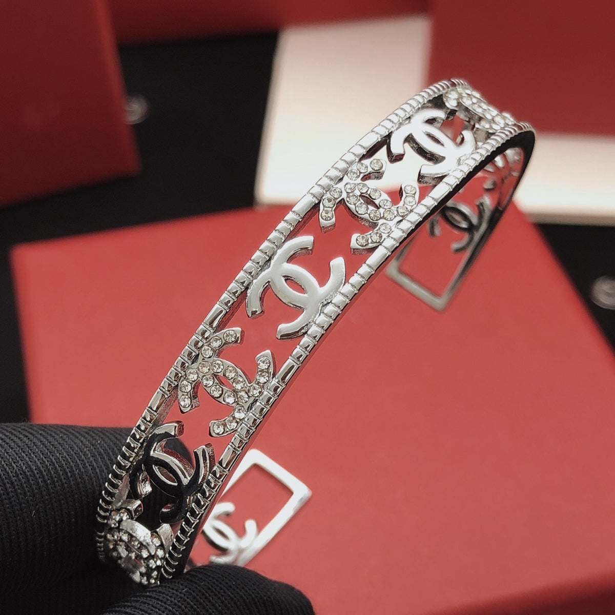 Chanel Silver-Tone Studded Open Bangle - album image 2