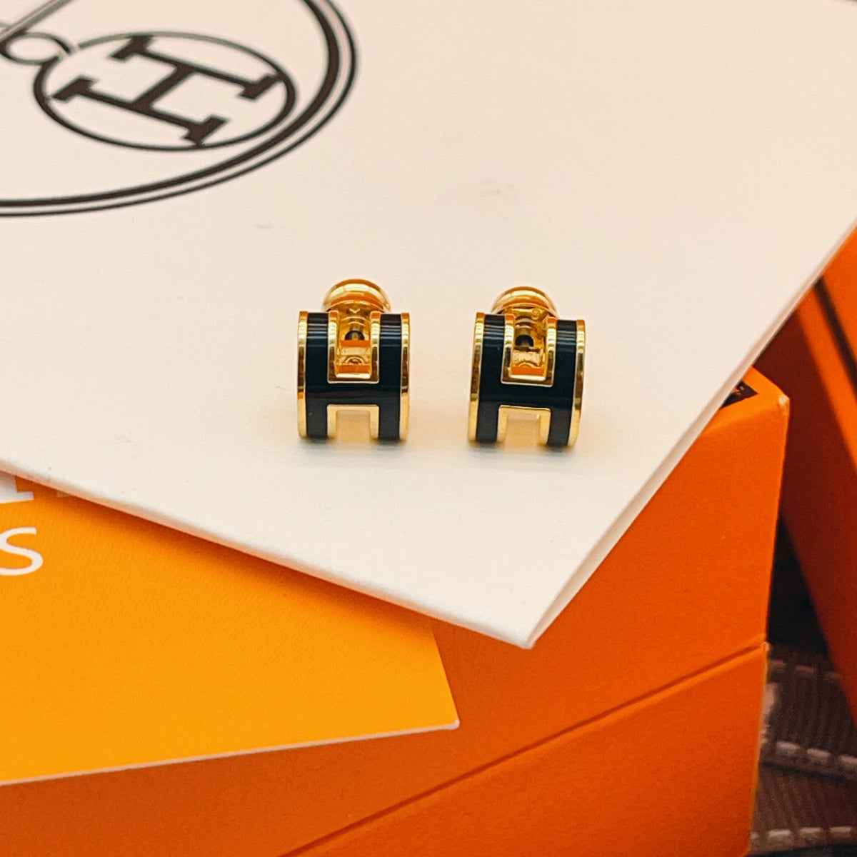 Hermès Gold-Tone Black Mini H Stud Earrings - album image 5
