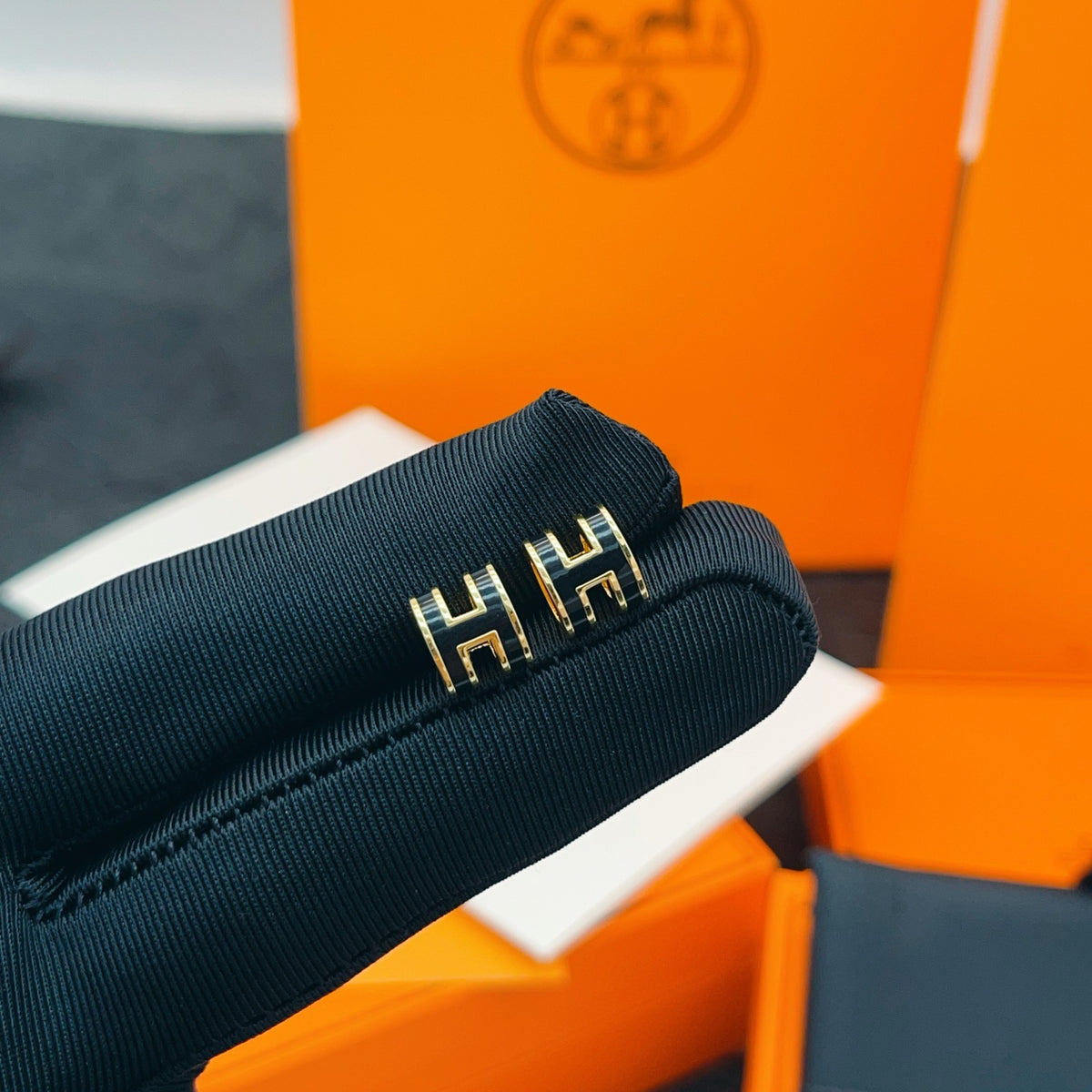 Hermès Gold-Tone Black Mini H Stud Earrings - album image 1