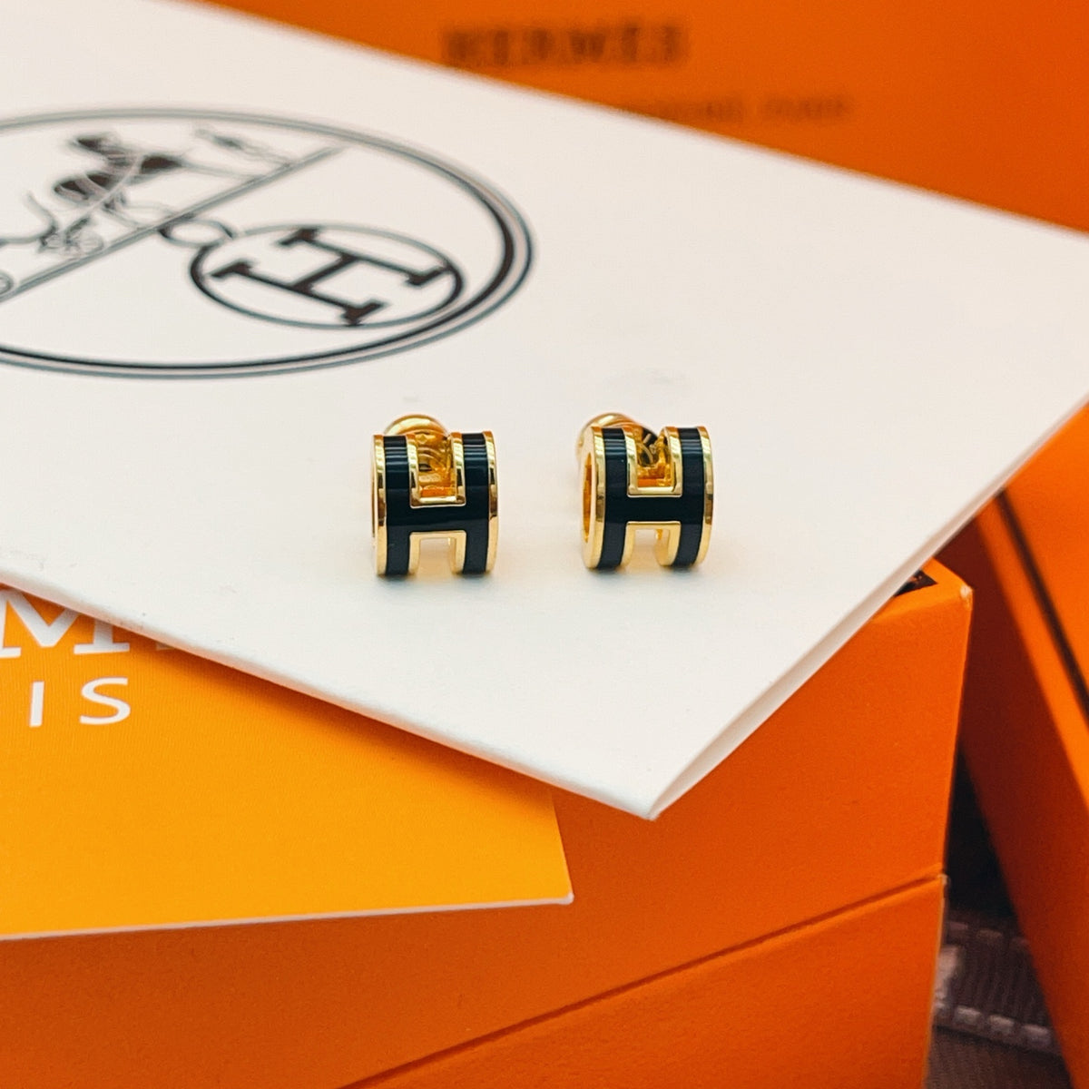 Hermès Gold-Tone Black Mini H Stud Earrings - album image 2