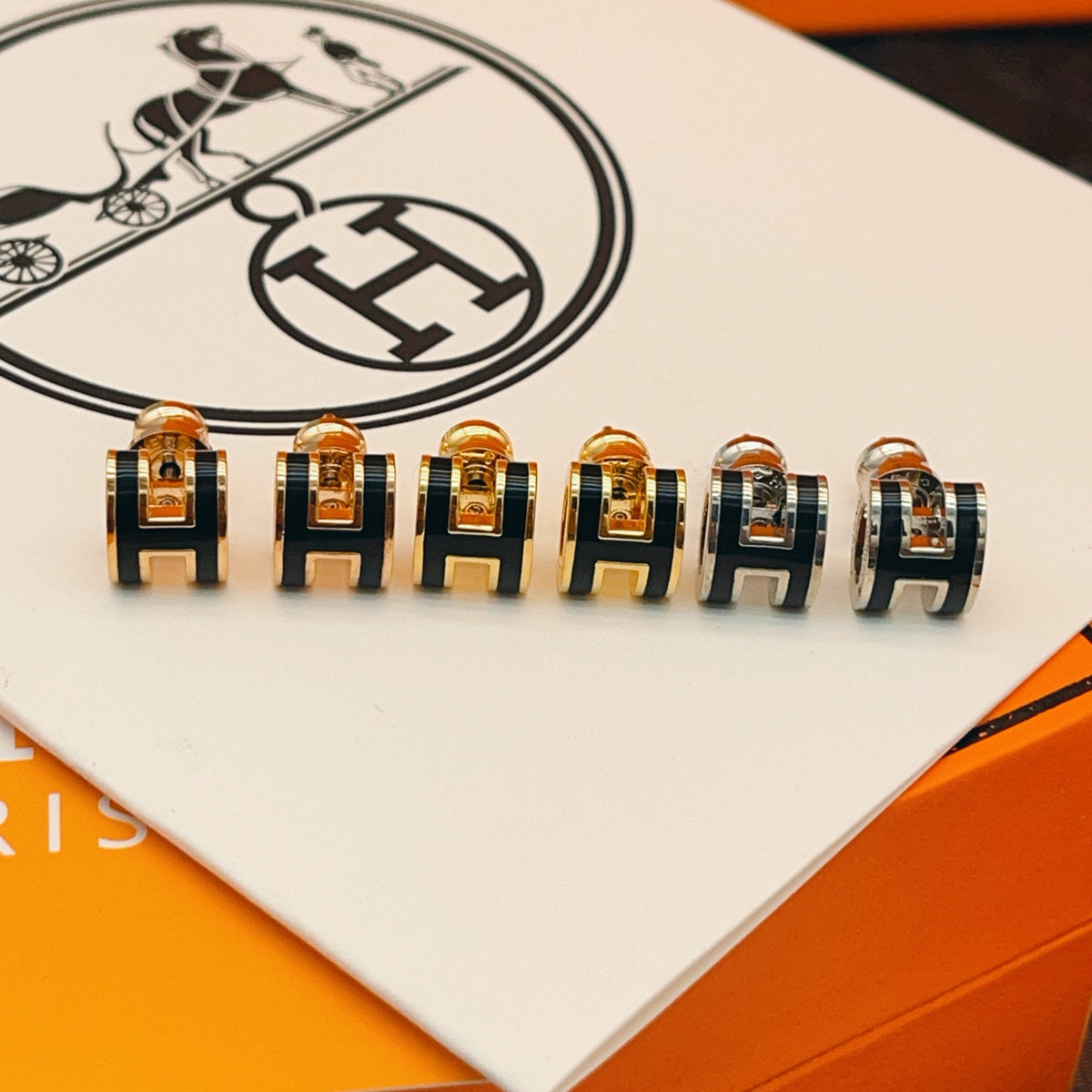 Hermès Gold-Tone Black Mini H Stud Earrings - album image 11