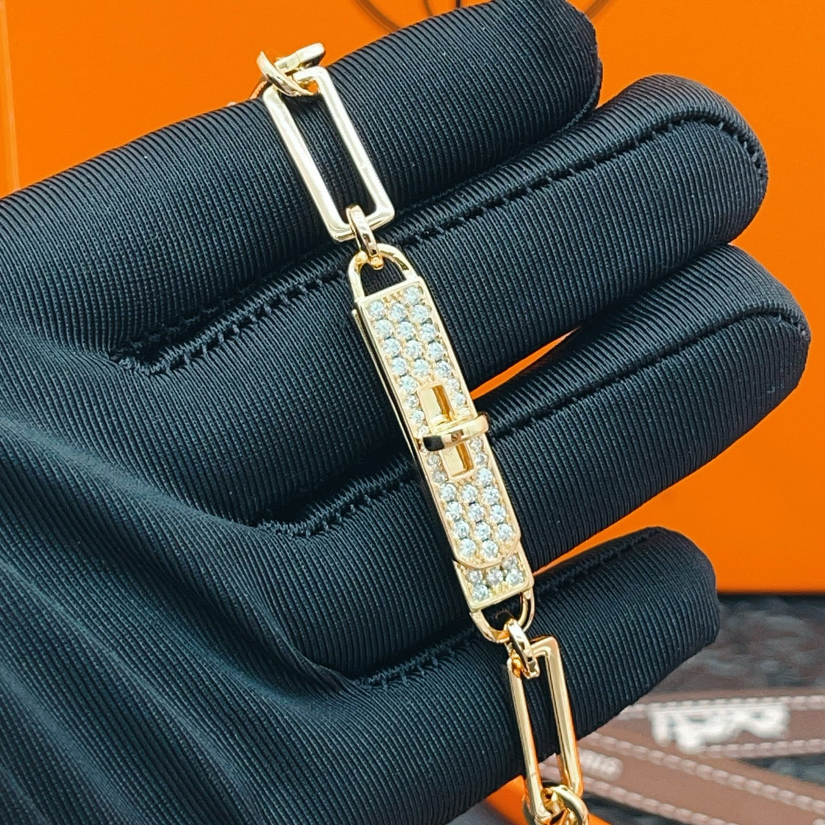 Hermès Gold-Tone Rectangular-Link Crystal-Bar Bracelet - album image 4