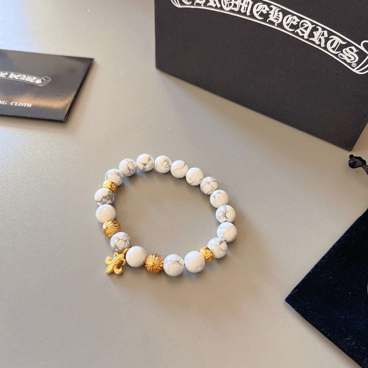 Chrome Hearts White Bead Gold Cross Bracelet - album image 5
