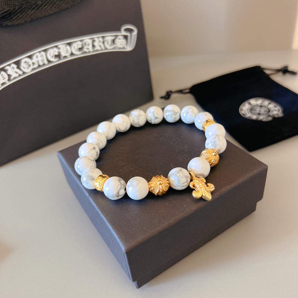 Chrome Hearts White Bead Gold Cross Bracelet - album image 2