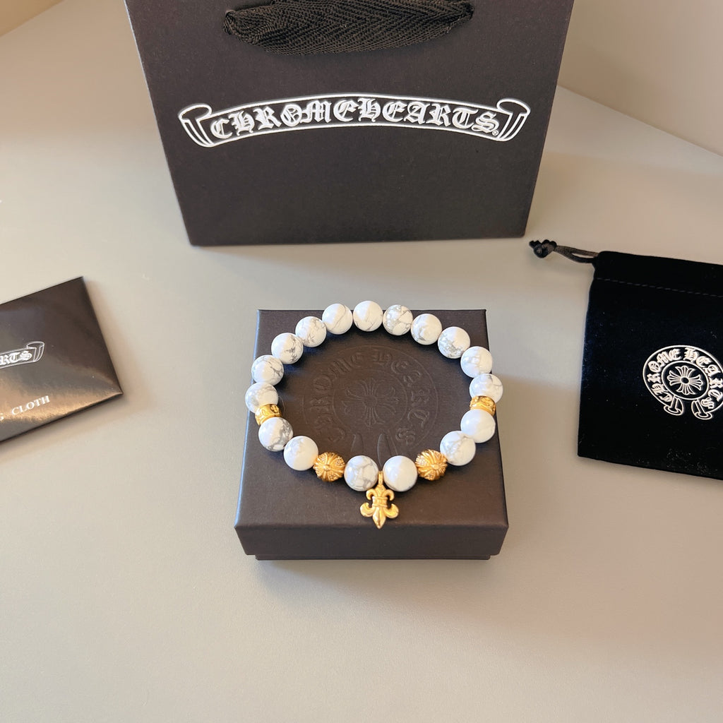 Chrome Hearts White Bead Gold Cross Bracelet - album image 1