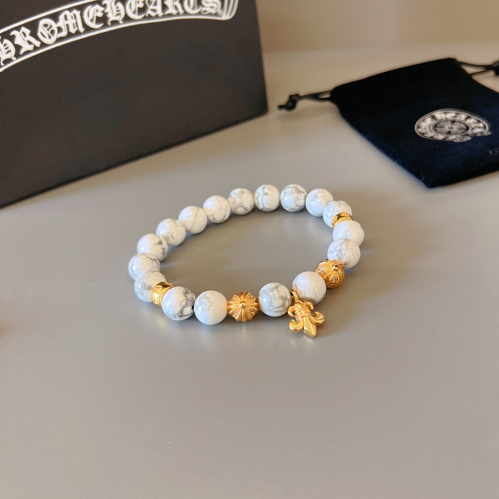 Chrome Hearts White Bead Gold Cross Bracelet - album image 6