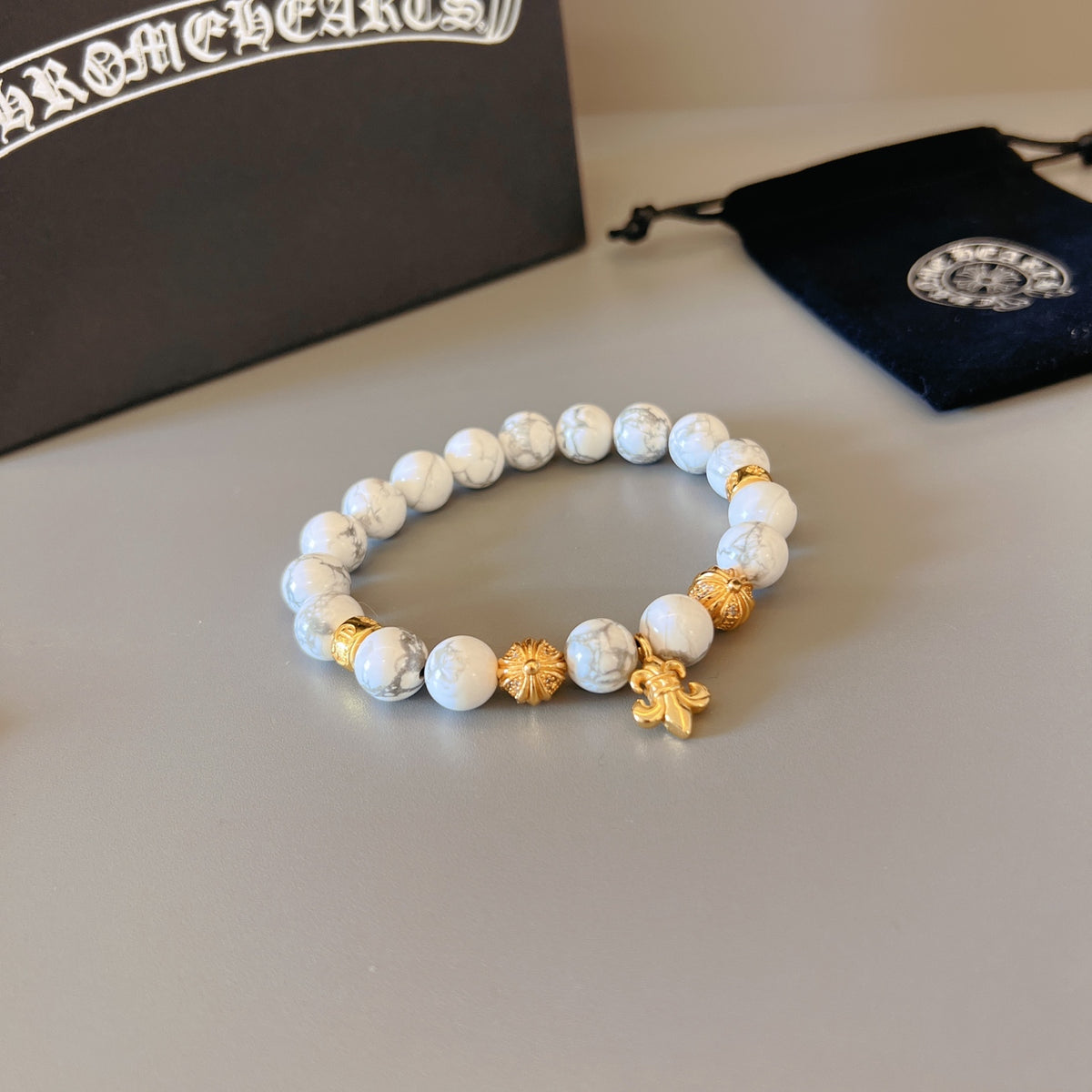 Chrome Hearts White Bead Gold Cross Bracelet - album image 6