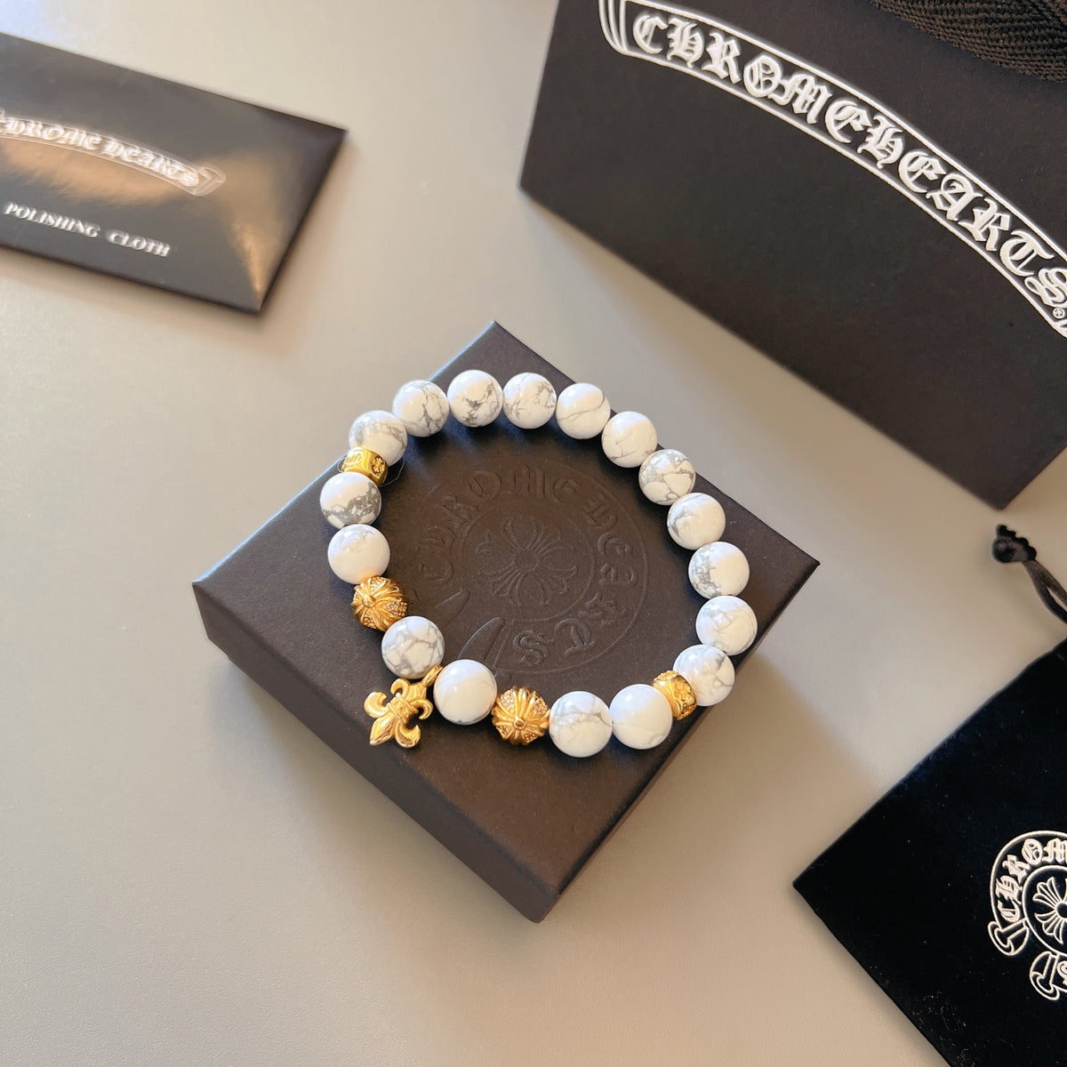 Chrome Hearts White Bead Gold Cross Bracelet - album image 9