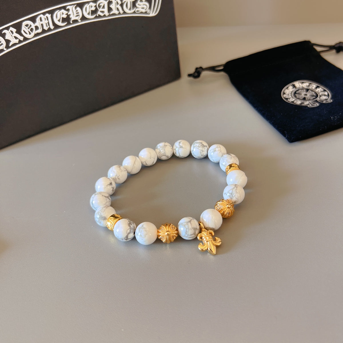 Chrome Hearts White Bead Gold Cross Bracelet - album image 4
