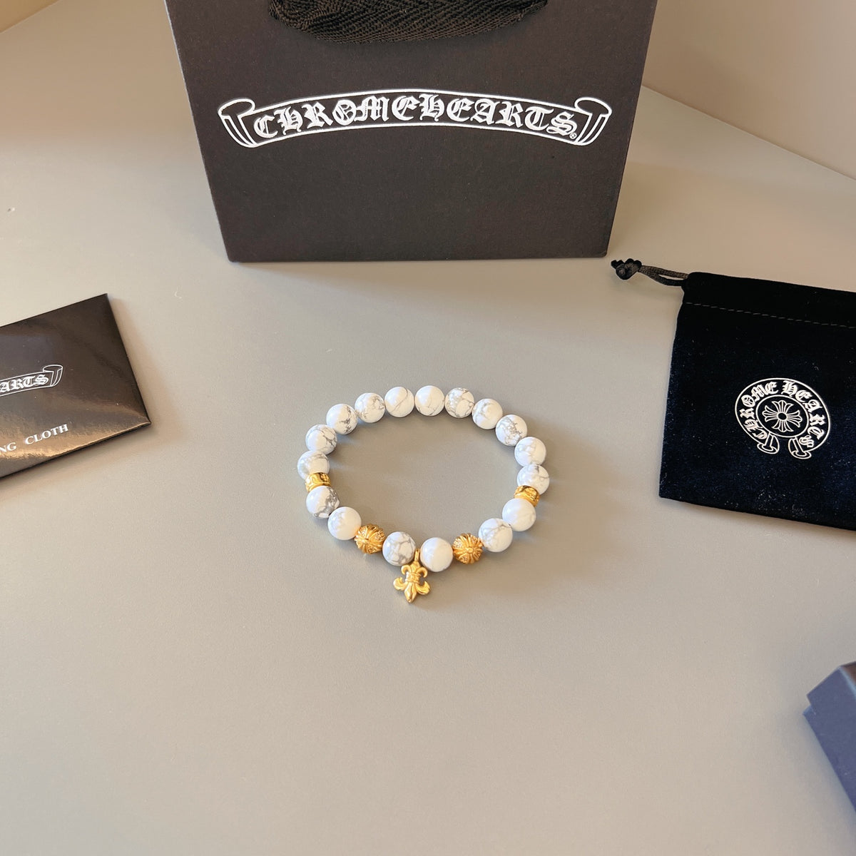 Chrome Hearts White Bead Gold Cross Bracelet - album image 3