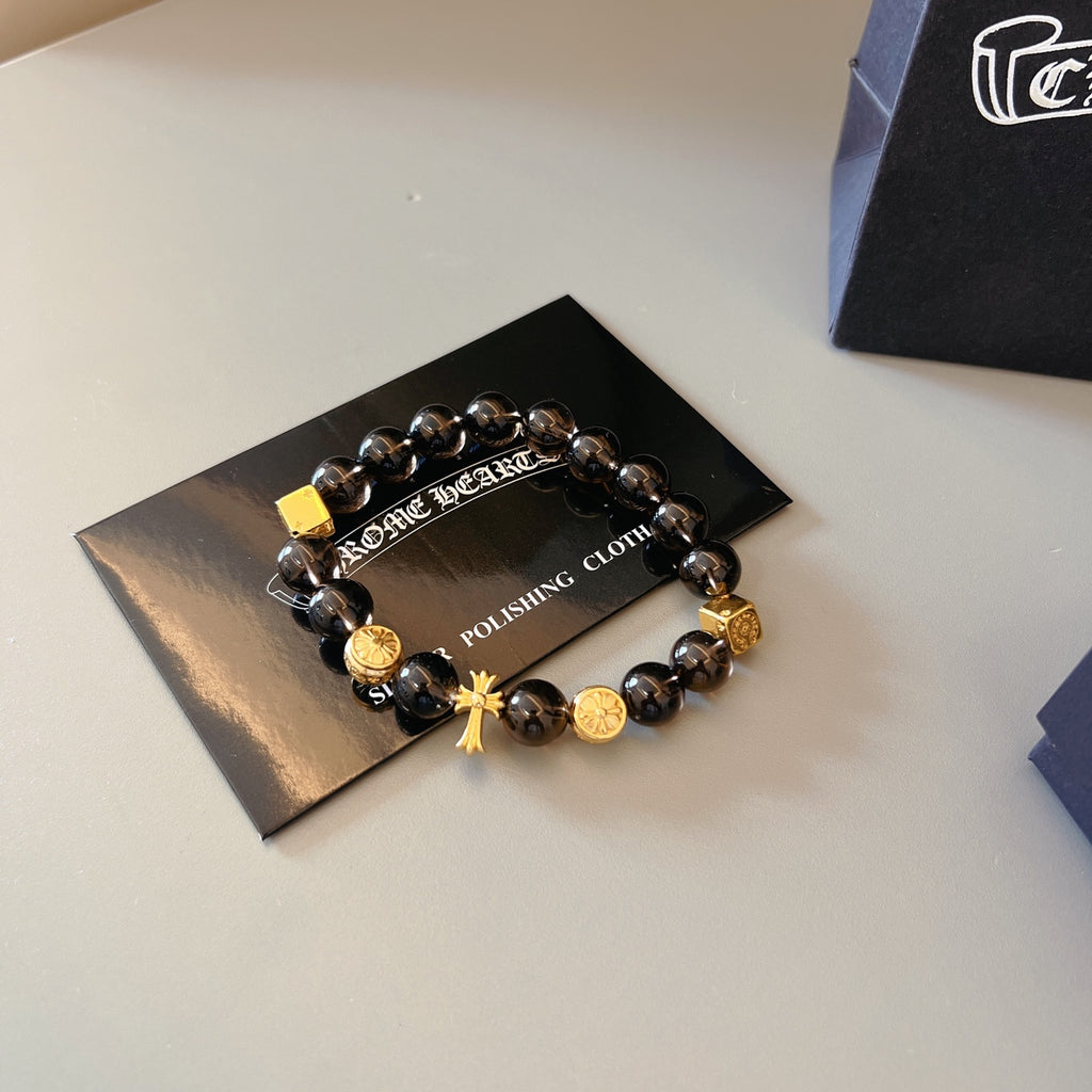 Chrome Hearts Black Bead Gold Cross Bracelet - album image 8