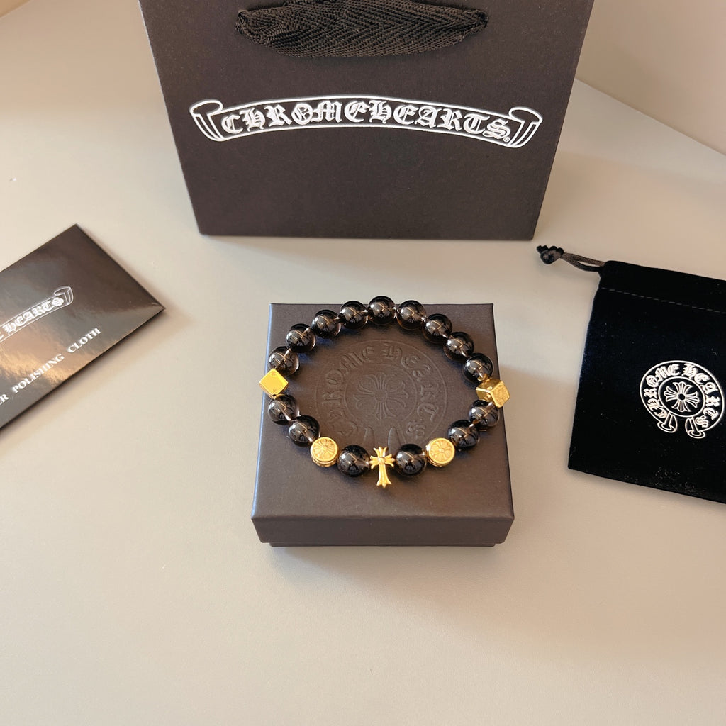 Chrome Hearts Black Bead Gold Cross Bracelet - album image 1