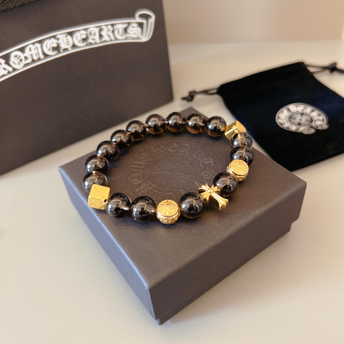 Chrome Hearts Black Bead Gold Cross Bracelet - album image 2