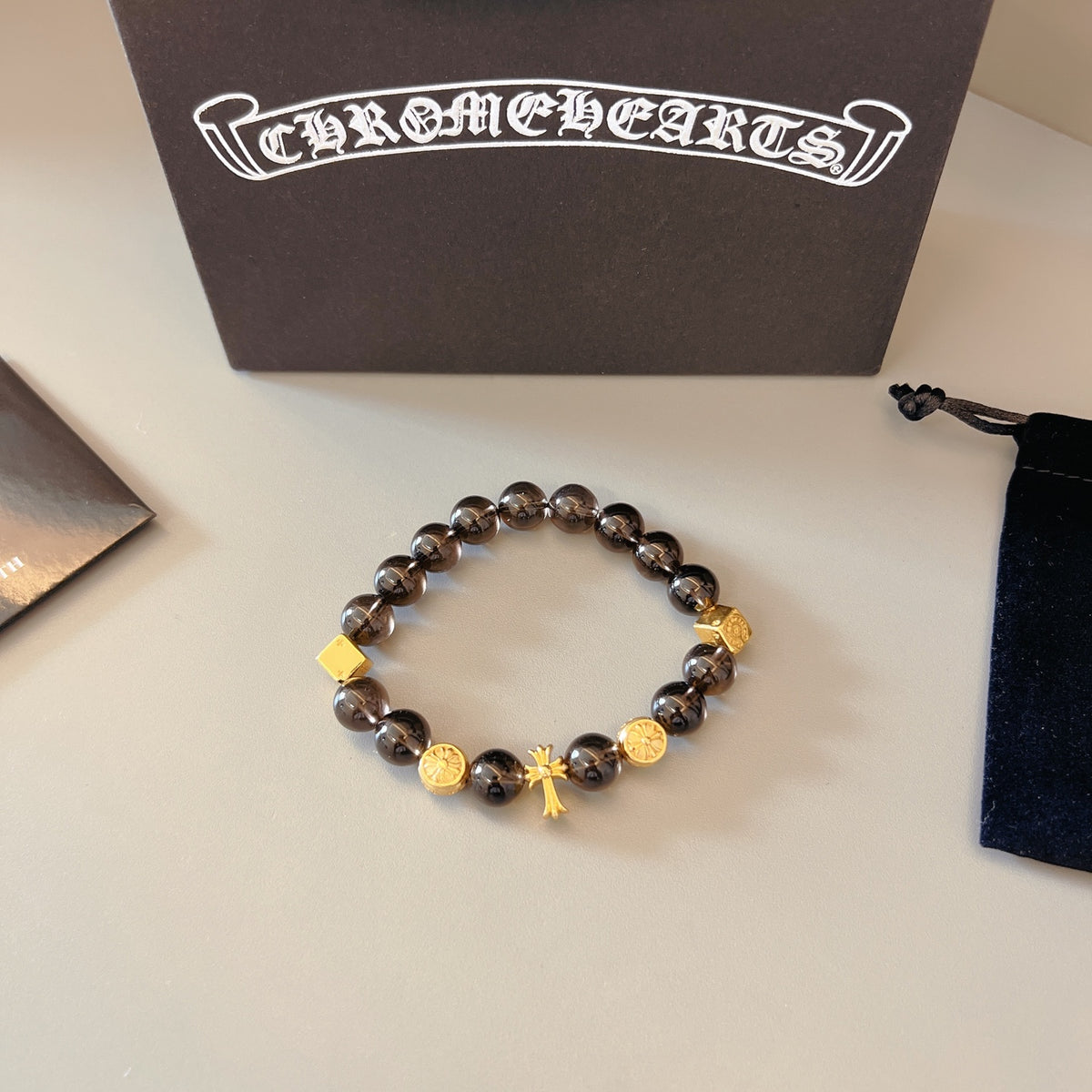 Chrome Hearts Black Bead Gold Cross Bracelet - album image 4