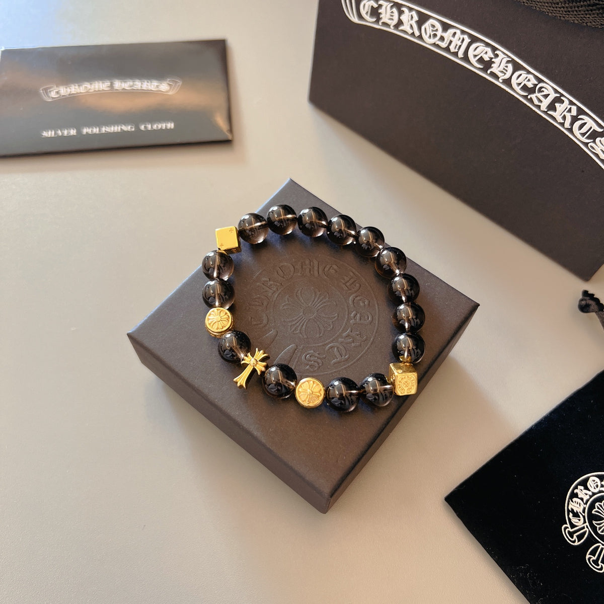 Chrome Hearts Black Bead Gold Cross Bracelet - album image 7