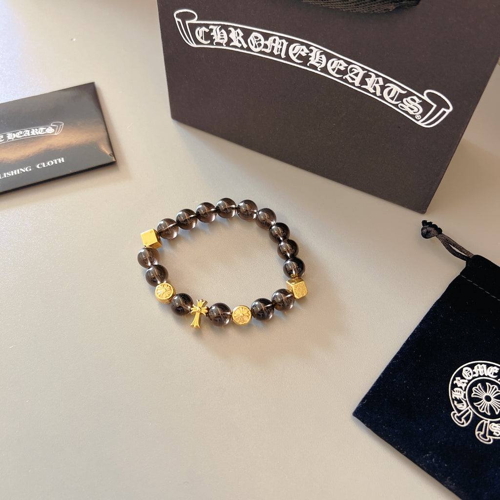 Chrome Hearts Black Bead Gold Cross Bracelet - album image 3