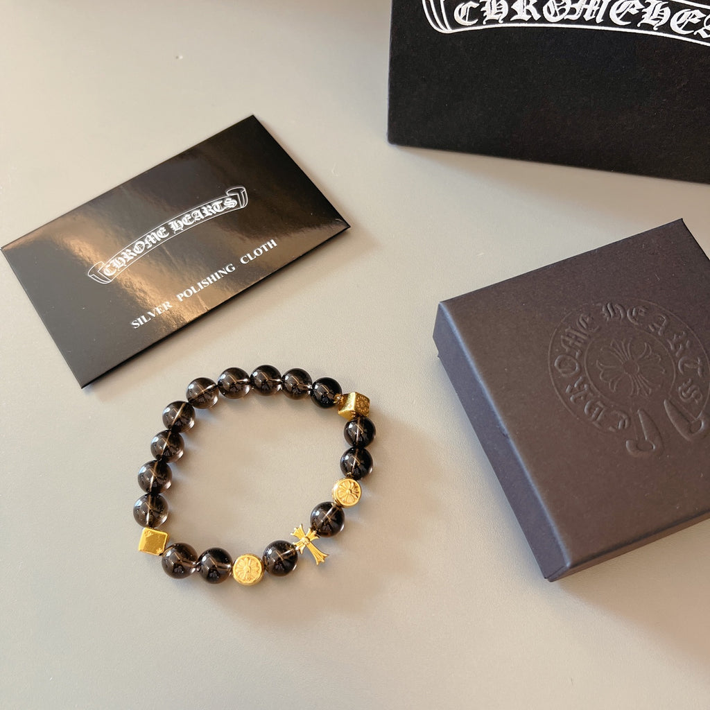 Chrome Hearts Black Bead Gold Cross Bracelet - album image 5